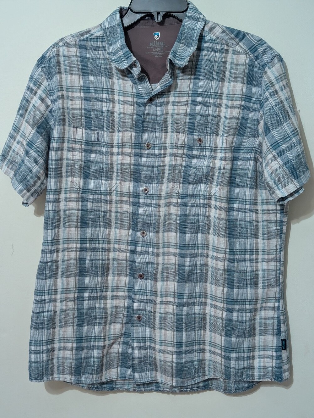KUHL Men's Short-Sleeve Plaid Shirt - Blue/Gray Linen Blend - Large